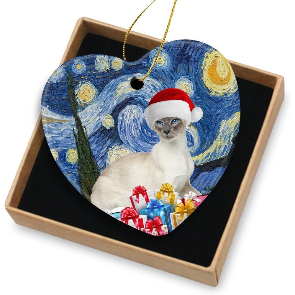 🆕 Christmas Ornament Lover Decorations Ceramic Tree Siamese Cat Xmas Hat Lover